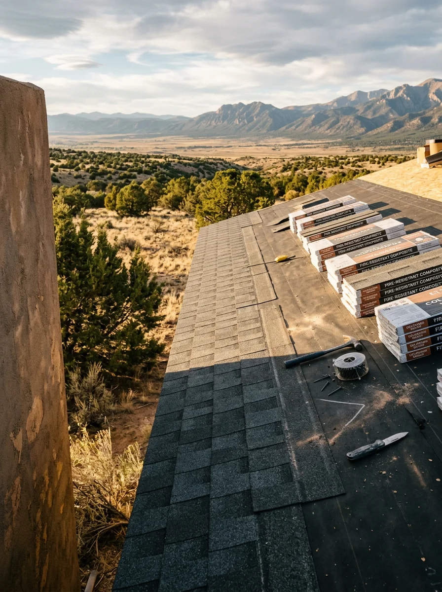 Fire-resistant roofing installation on custom home overlooking Cañon City's high-desert landscape