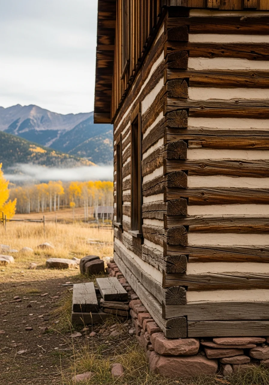 Close-up of weathered log cabin exterior with mountain vista in the background.