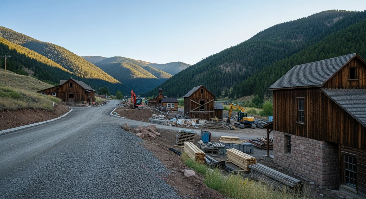 Mountain valley landscape with historic mining town nestled among pine forests and rocky peaks in central Colorado.