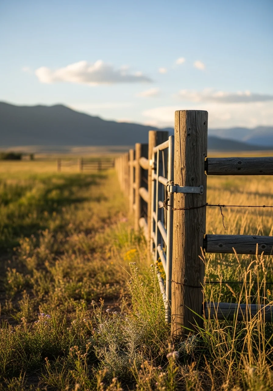 Rural ranch property with open fields and distant mountain ridgeline under Colorado sky.