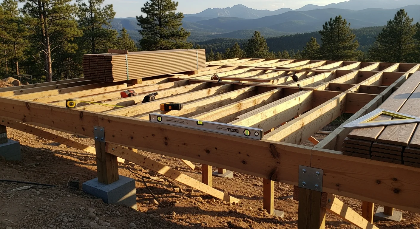 A custom multi-level wood deck attached to a home in Custer County, Colorado, with open mountain views and a railed staircase leading to a lower yard. The deck structure shows exposed framing built for a sloped lot with snow-ready footing depth.
