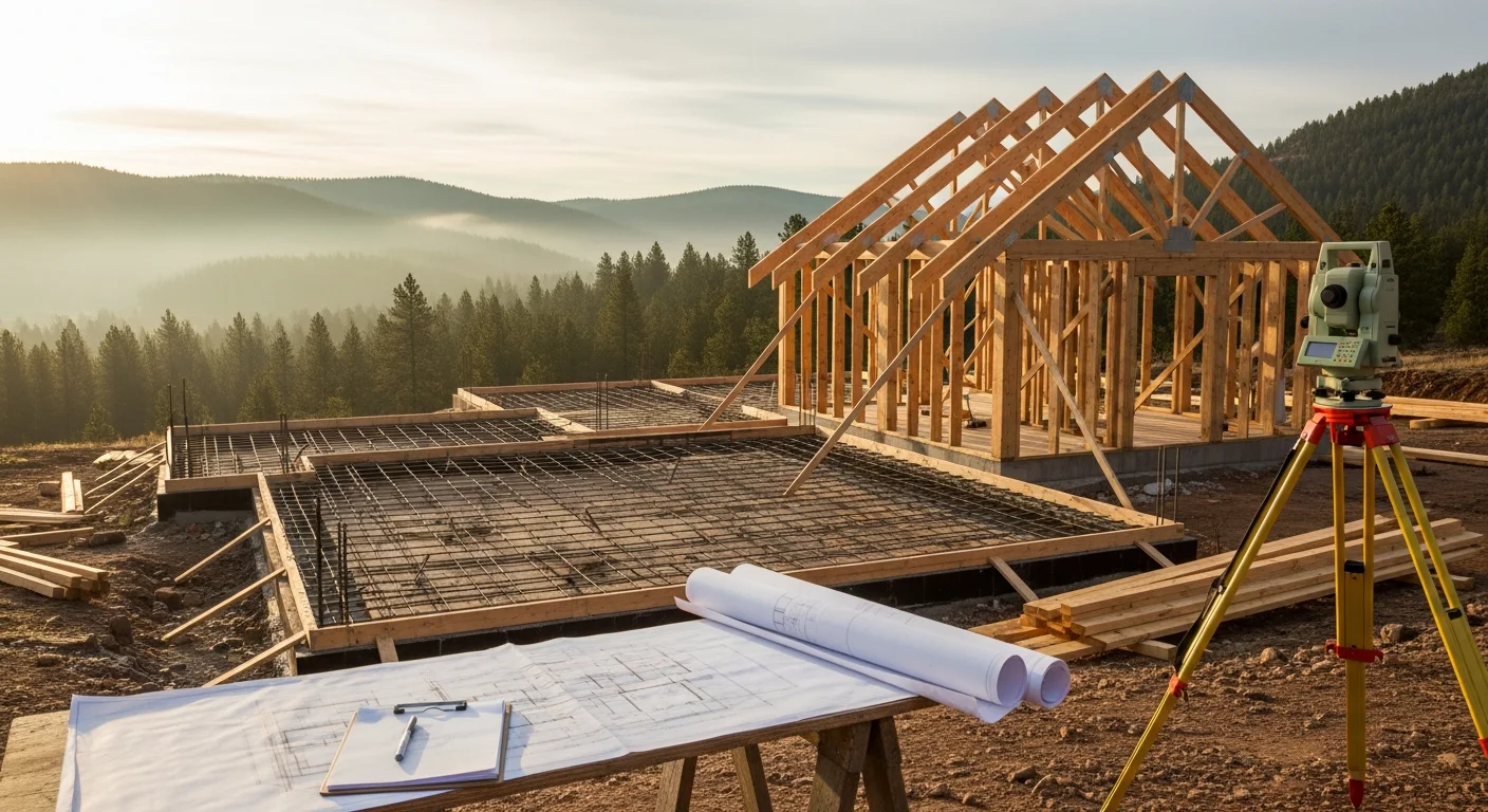 A newly constructed custom home on a rural Custer County, Colorado lot, with the Wet Mountain Valley visible in the background and a steeply pitched roof suited to mountain snow loads. The home sits on a cleared parcel with natural terrain and open sky surrounding the structure.