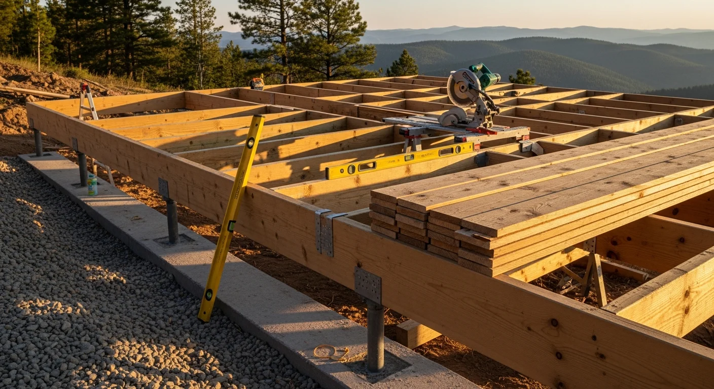 A newly constructed wood-framed deck attached to a single-story home in Custer County, Colorado, with mountain terrain and open sky visible in the background. The deck includes built-in railings and steps leading to a graded yard on a rural lot.