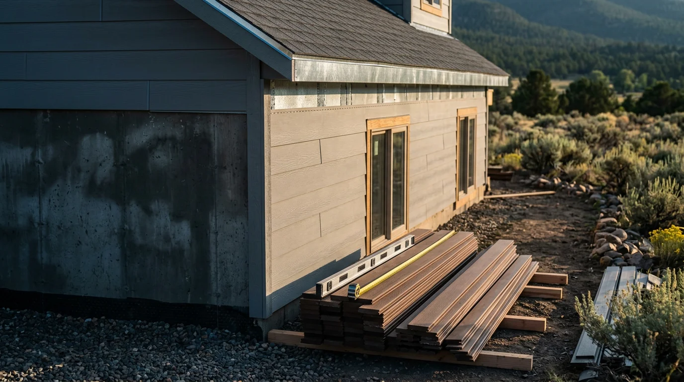 Exterior view of a mountain home in Custer County, Colorado, showing fire-resistant siding and a defensible-space perimeter with the Sangre de Cristo range visible in the background. The finished exterior reflects dark-sky-compliant lighting fixtures mounted flush against the roofline.