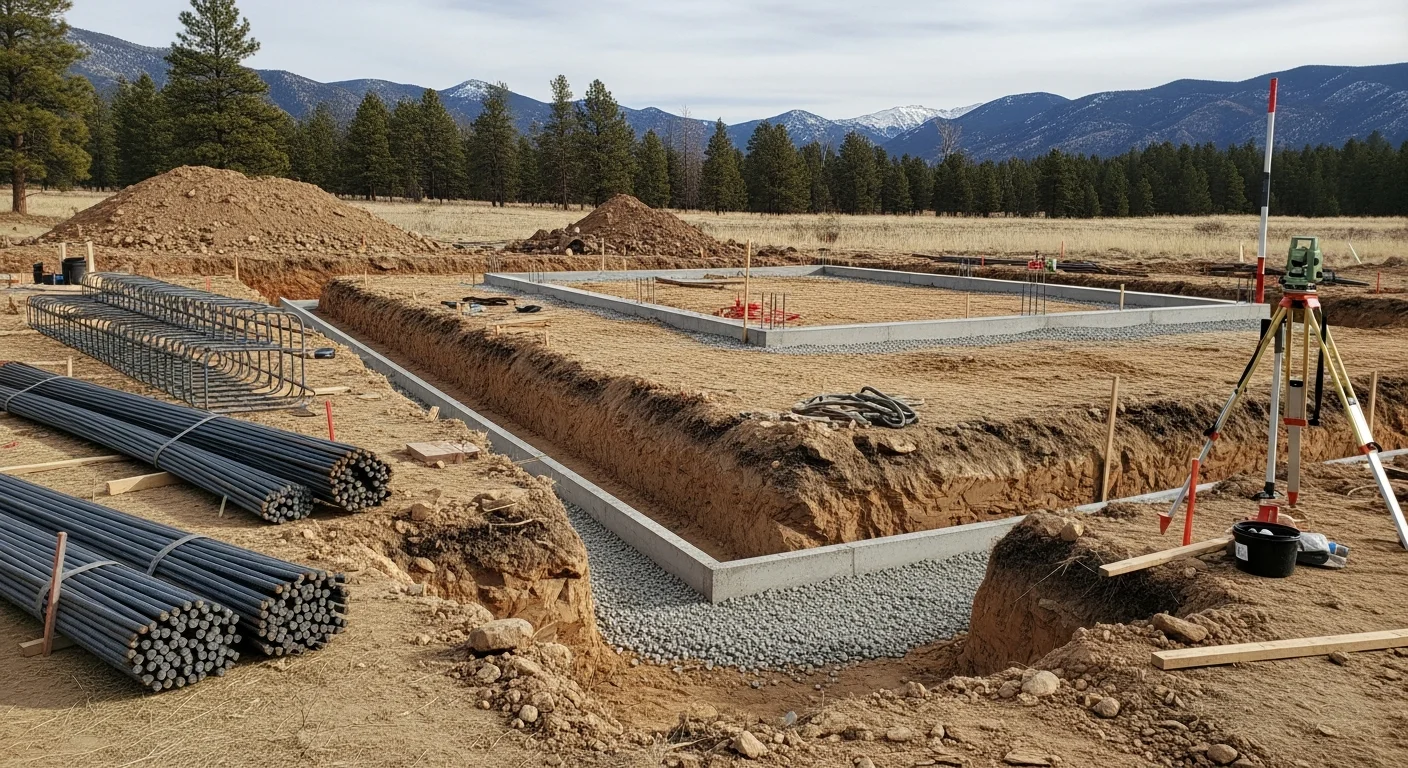 A newly poured concrete foundation for a residential structure on a rural lot in Custer County, Colorado, with the Sangre de Cristo Mountains visible in the background. The foundation walls show clean formwork lines and a graded gravel perimeter at the base.