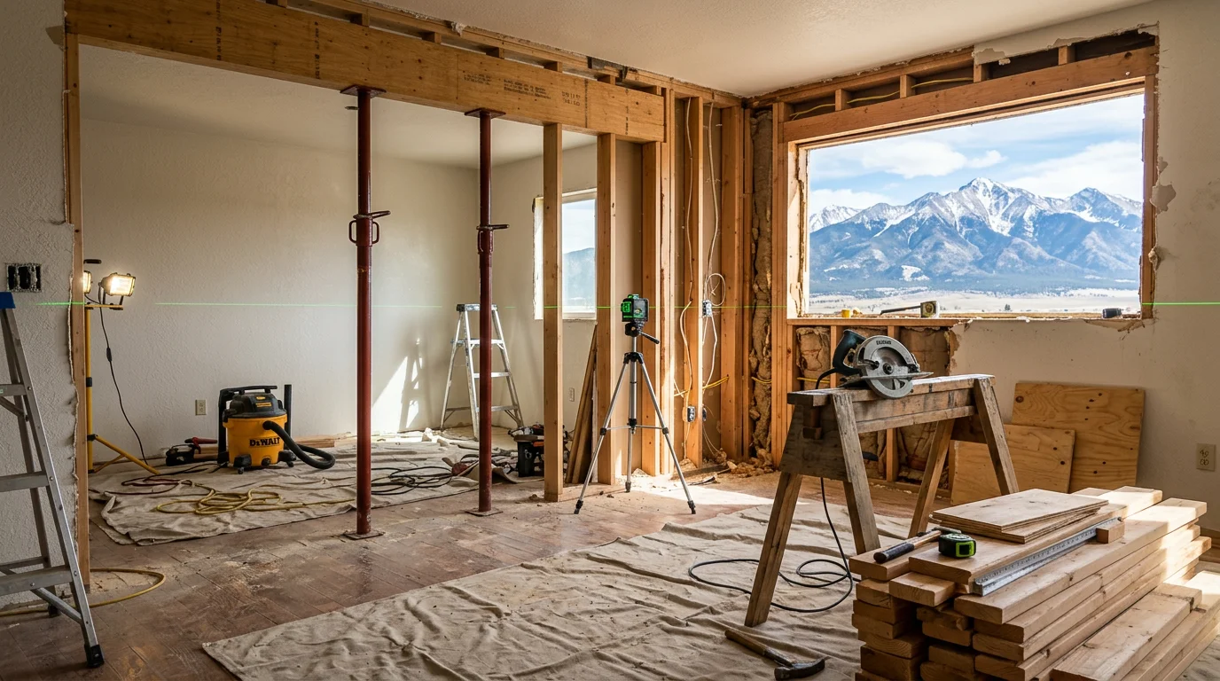 Open-concept living area remodel inside a Custer County mountain home, with removed partition walls creating a connected kitchen and living space. Large windows frame views of the Sangre de Cristo Mountains near Westcliffe, Colorado.