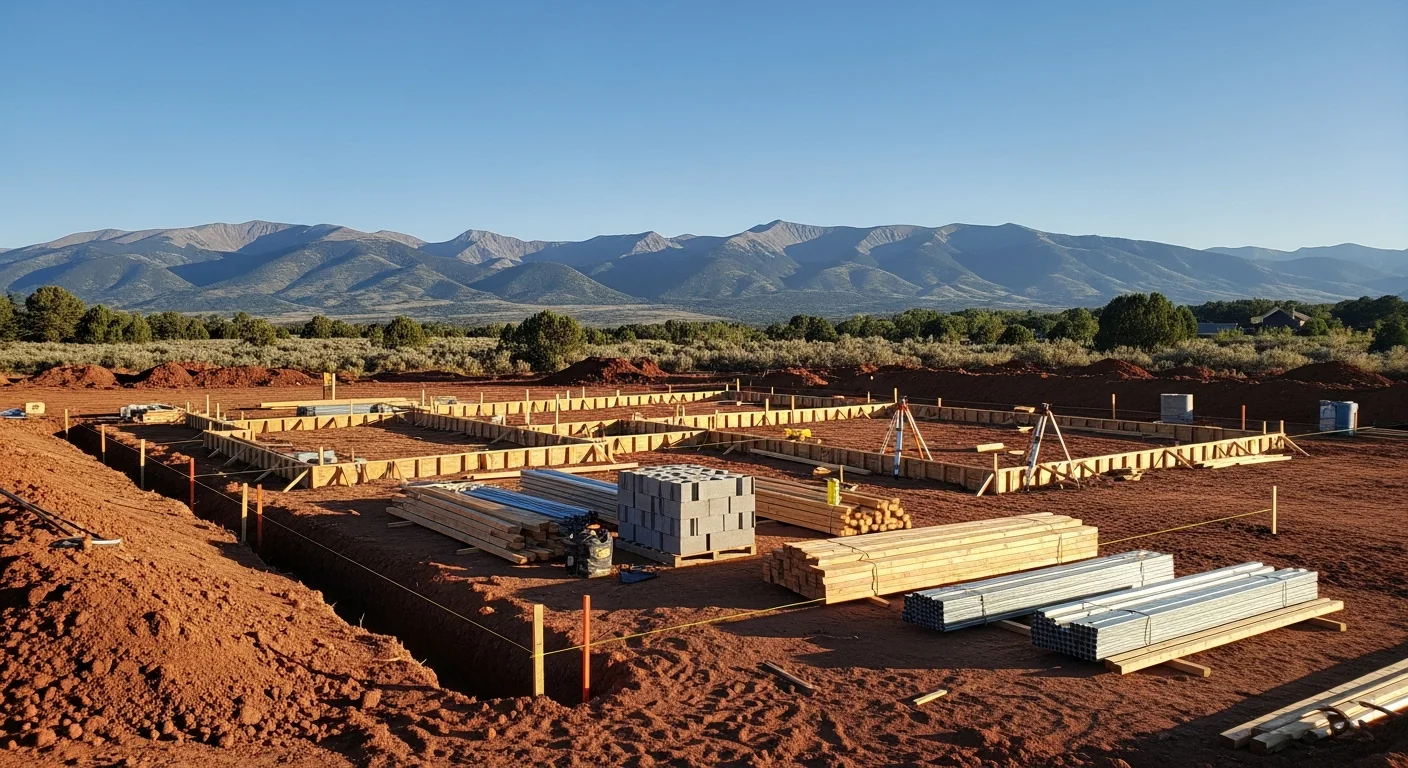 A newly constructed single-story home on a rural lot in Custer County, Colorado, with the Sangre de Cristo Mountains visible in the background. The structure shows completed exterior framing, roofing, and siding suited to high-elevation mountain terrain.