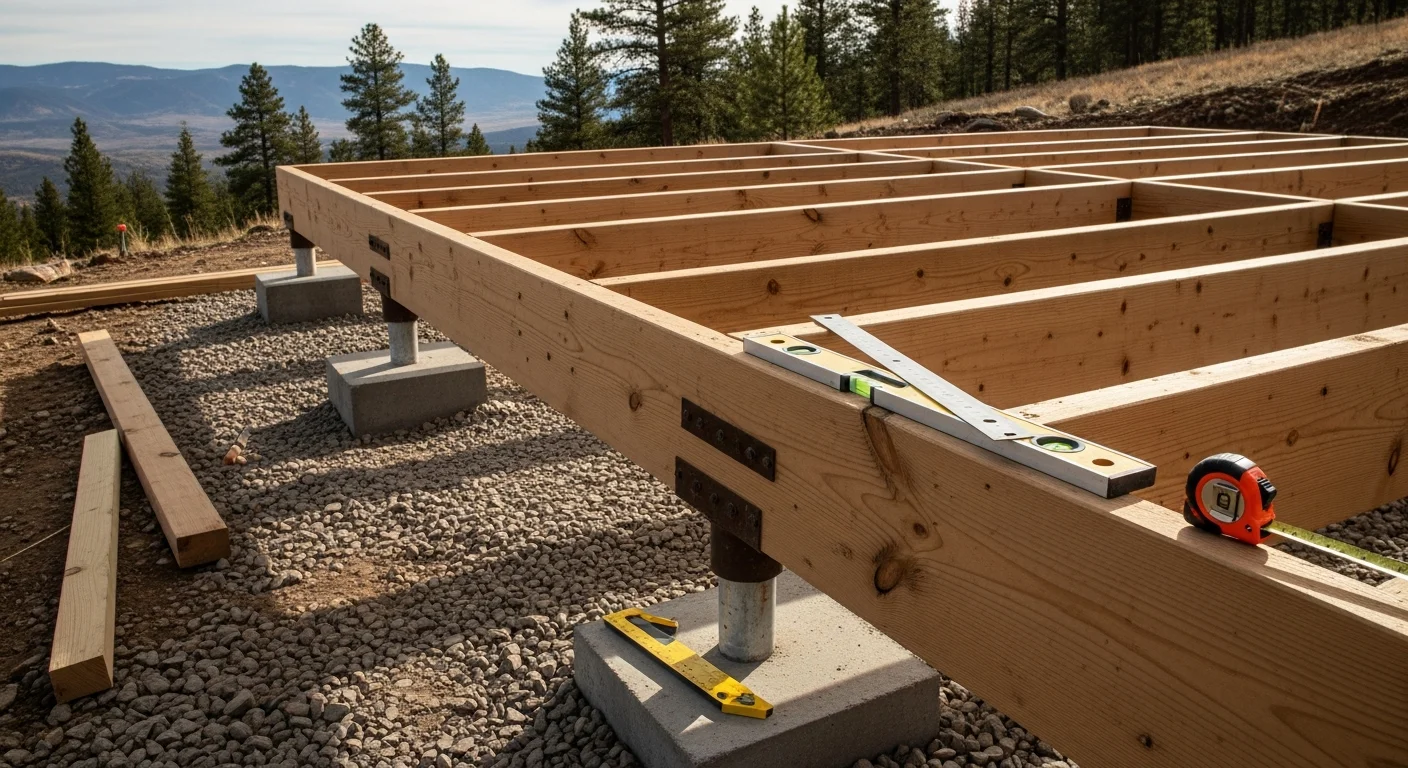 A newly built wood deck attached to a single-story home on a rural Custer County, Colorado property, with open mountain views and a pergola overhead. The framing and decking show clean construction suited to a high-elevation mountain setting.