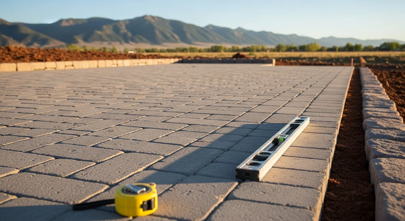 A finished custom patio built by Cordova Builders on a residential property in Custer County, Colorado, with the Sangre de Cristo Mountains visible in the background. The patio surface is level and edged cleanly against the surrounding natural landscape.