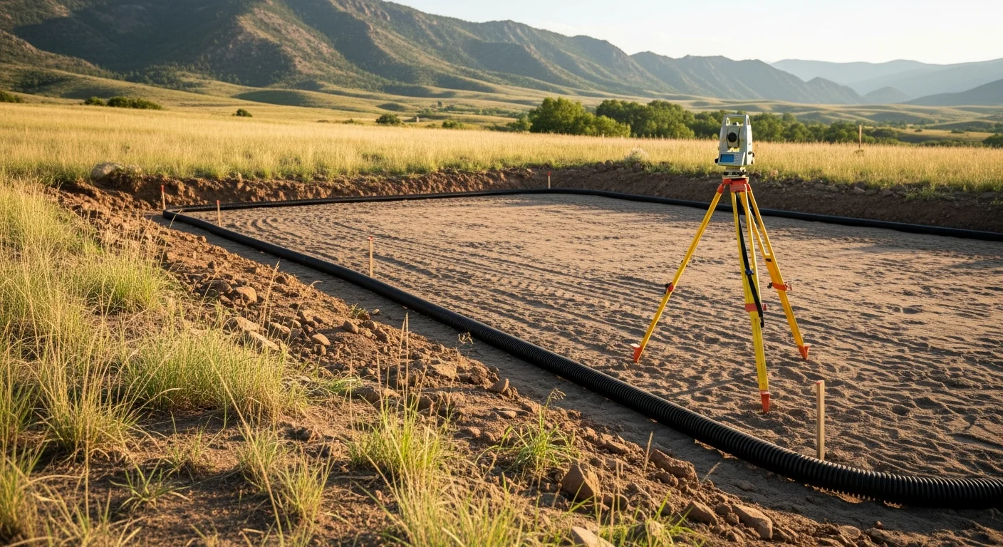 A graded and cleared residential build site on a sloped rural parcel in Custer County, Colorado, with the Sangre de Cristo Mountains visible in the background. Excavated soil is staged at the edge of the leveled pad, ready for foundation work.