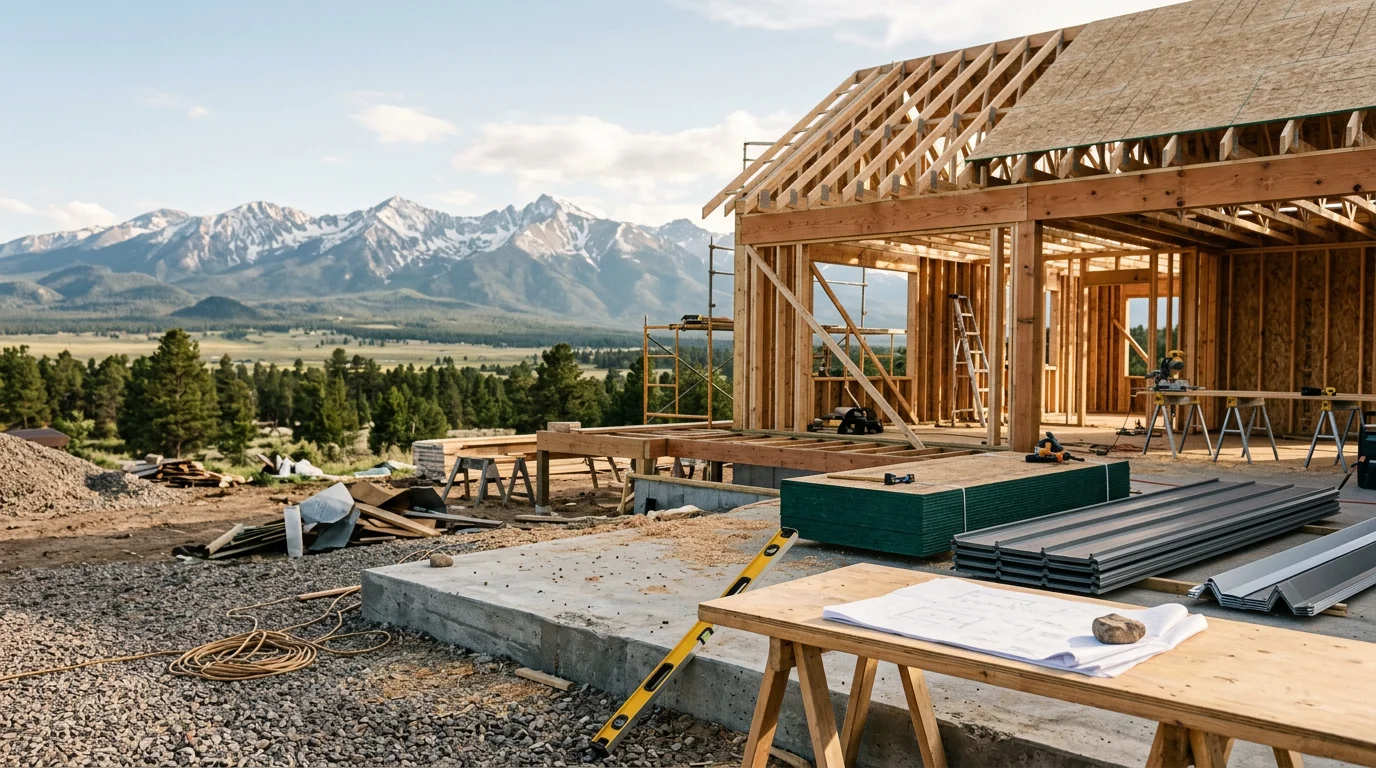 A fully remodeled mountain home in Custer County, Colorado, with fire-resistant roofing, a cleared defensible space perimeter, and solar panels visible on the south-facing roof slope. The home sits against a backdrop of the Sangre de Cristo Mountains under a clear high-altitude sky.